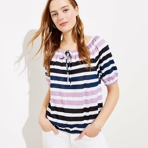 Loft Striped Shirred Linen Tee. Elastic  Scoop Neck. Women's Size M